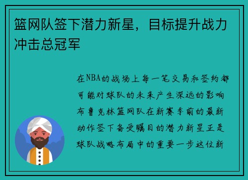 篮网队签下潜力新星，目标提升战力冲击总冠军