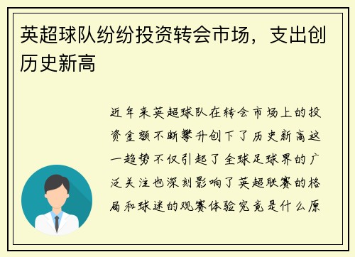 英超球队纷纷投资转会市场，支出创历史新高