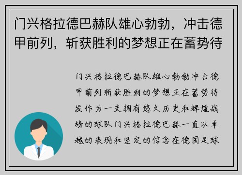 门兴格拉德巴赫队雄心勃勃，冲击德甲前列，斩获胜利的梦想正在蓄势待发!